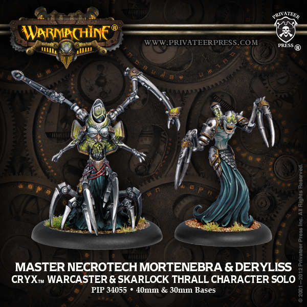 Warmachine: Cryx Master Necrotech Mortenebra And Deryliss Warcaster And Skarlock Thrall Character Solo (white Metal) Box Front